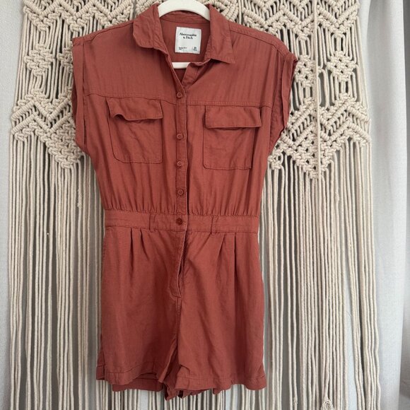 Abercrombie & Fitch Rust Linen Blend Utility Romper Women’s Size XS GUC - Picture 1 of 5